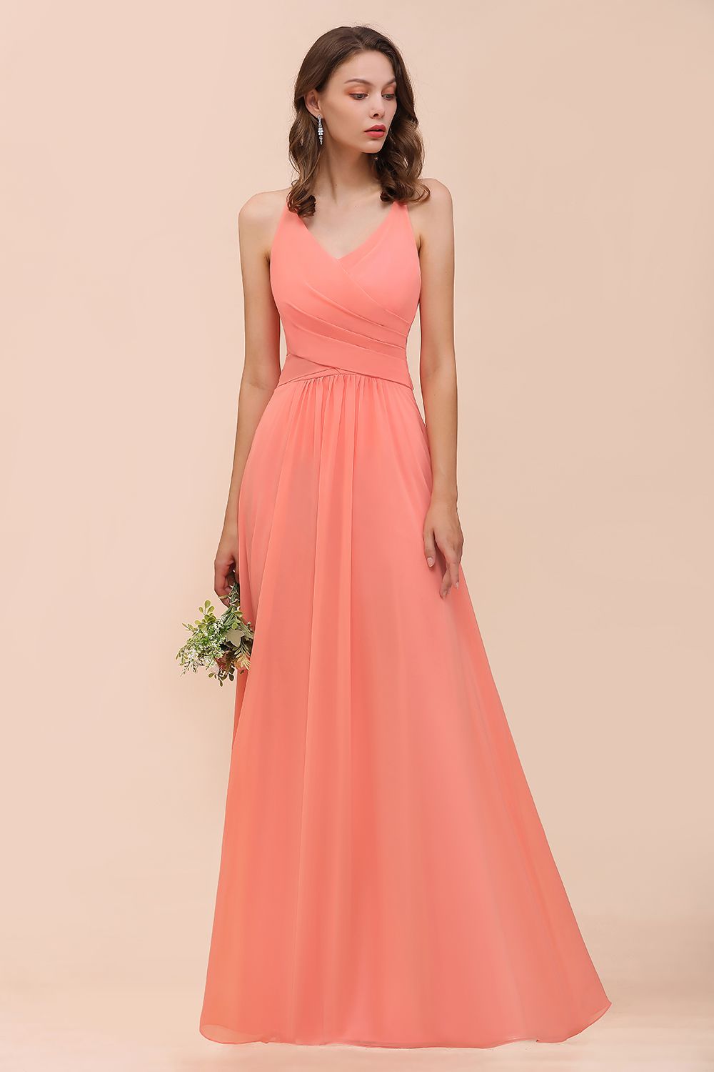 Glamorous V-Neck Coral Chiffon Bridesmaid Dresses Affordable with Ruffle - Fashionpara