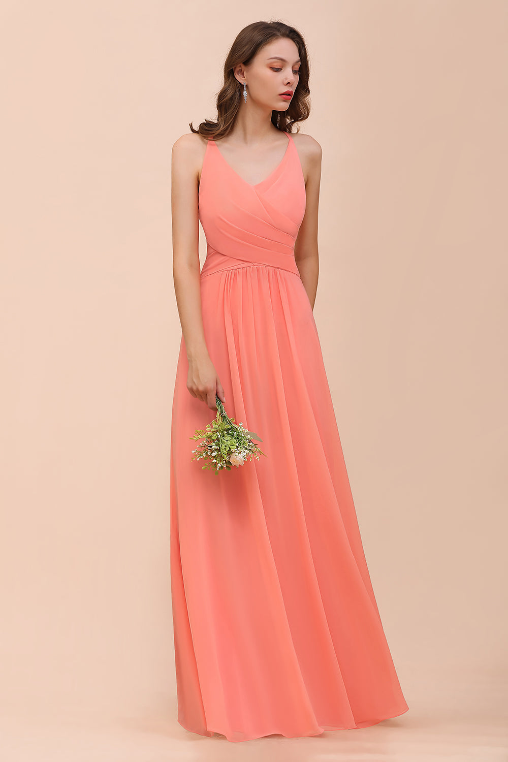 Glamorous V-Neck Coral Chiffon Bridesmaid Dresses Affordable with Ruffle - Fashionpara