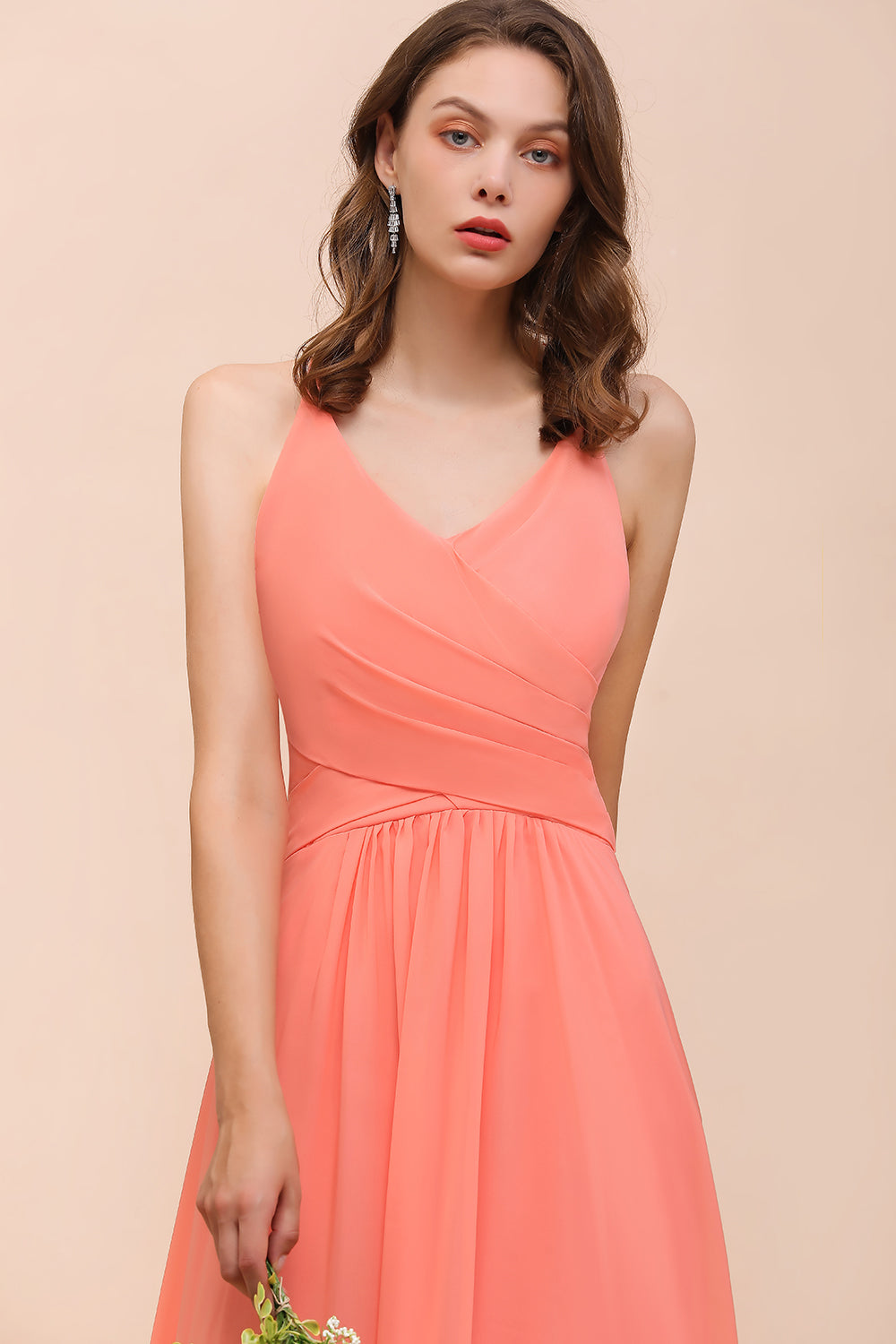 Glamorous V-Neck Coral Chiffon Bridesmaid Dresses Affordable with Ruffle - Fashionpara