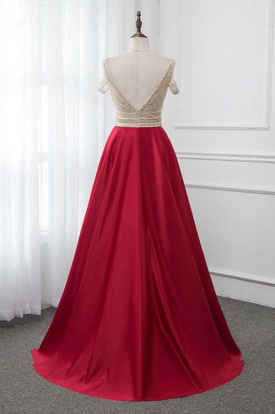 Glamorous V-Neck Rhinestone Burgundy Mermaid Prom Dresses with Cold Sleeves - Fashionpara