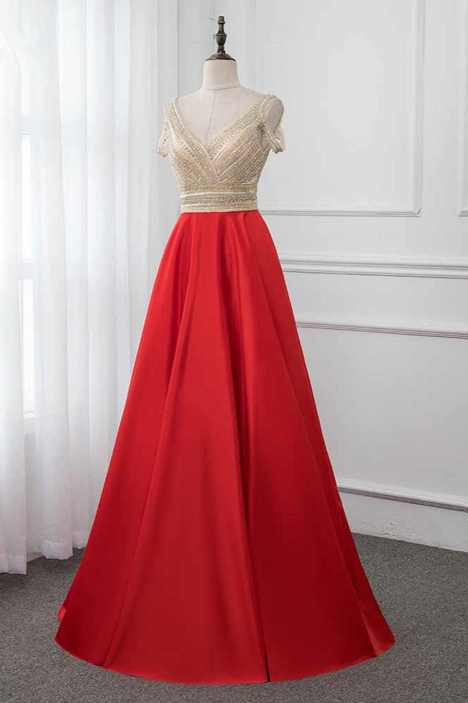 Glamorous V-Neck Rhinestone Burgundy Mermaid Prom Dresses with Cold Sleeves - Fashionpara