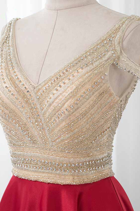 Glamorous V-Neck Rhinestone Burgundy Mermaid Prom Dresses with Cold Sleeves - Fashionpara