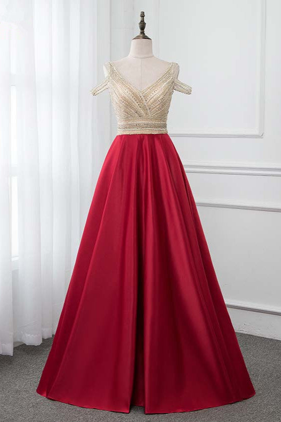 Glamorous V-Neck Rhinestone Burgundy Mermaid Prom Dresses with Cold Sleeves - Fashionpara