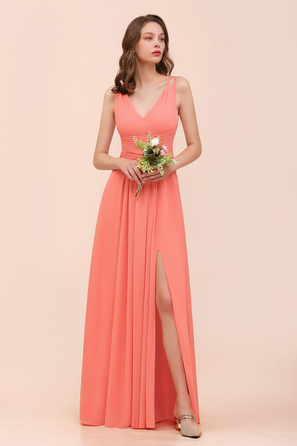 Glamorous V-Neck Ruffle Chiffon Long Bridesmaid Dresses With Slit - Fashionpara