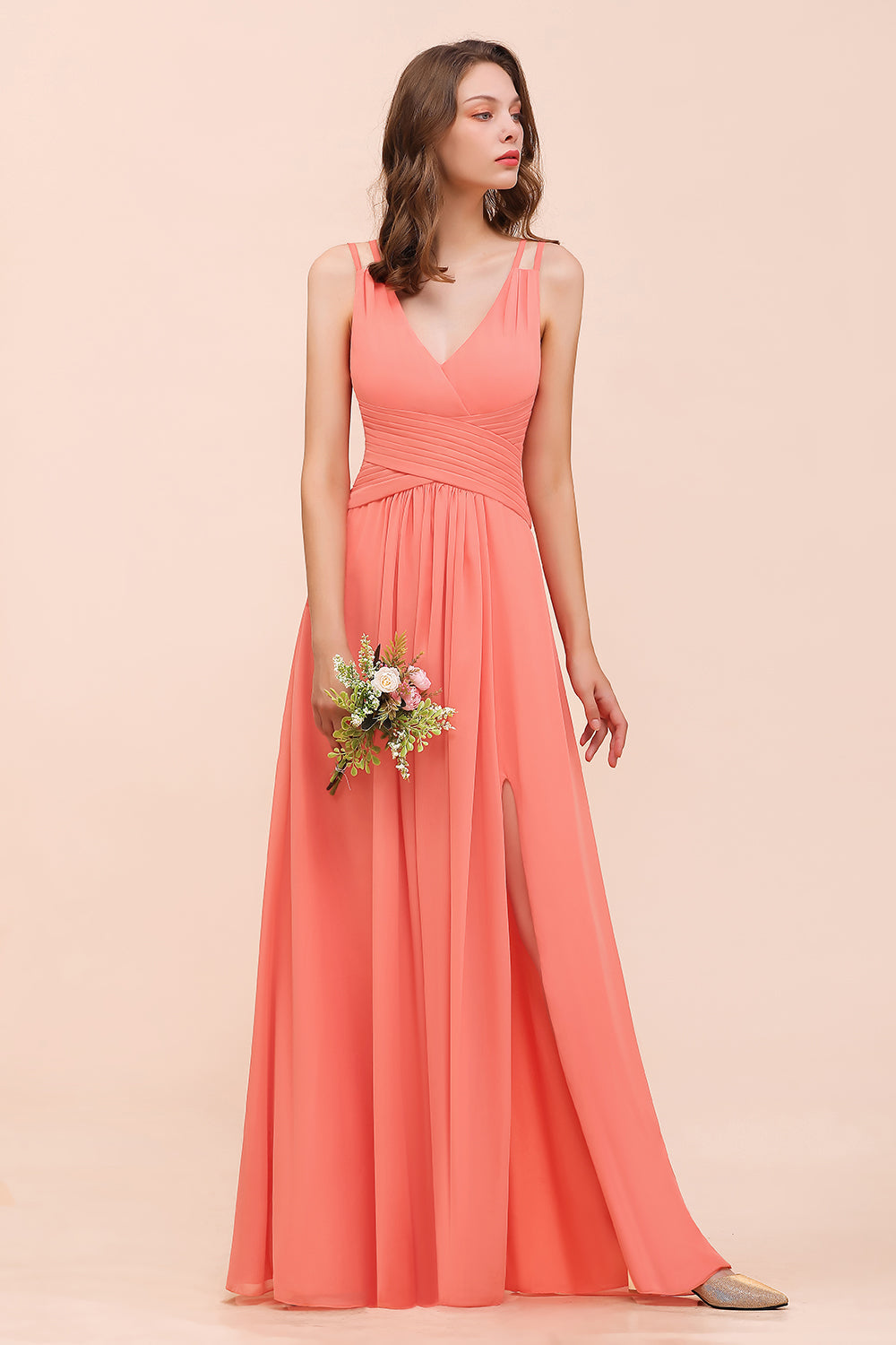 Glamorous V-Neck Ruffle Chiffon Long Bridesmaid Dresses With Slit - Fashionpara