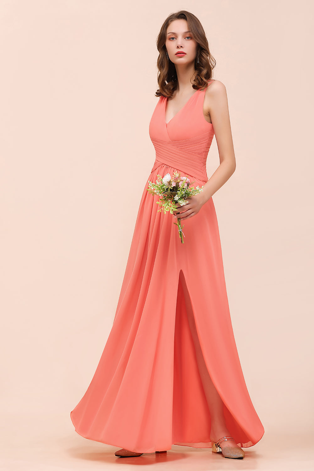 Glamorous V-Neck Ruffle Chiffon Long Bridesmaid Dresses With Slit - Fashionpara