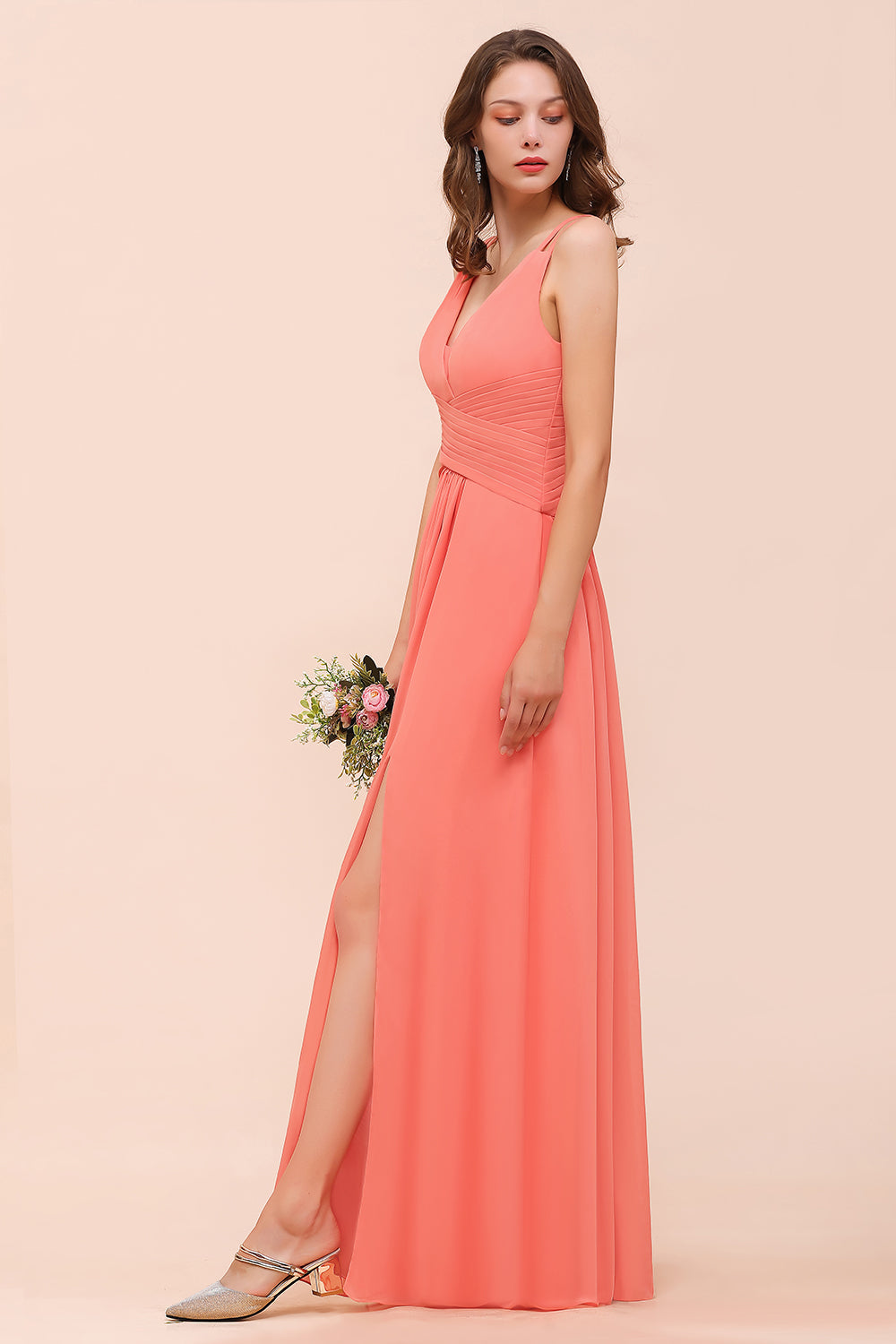 Glamorous V-Neck Ruffle Chiffon Long Bridesmaid Dresses With Slit - Fashionpara