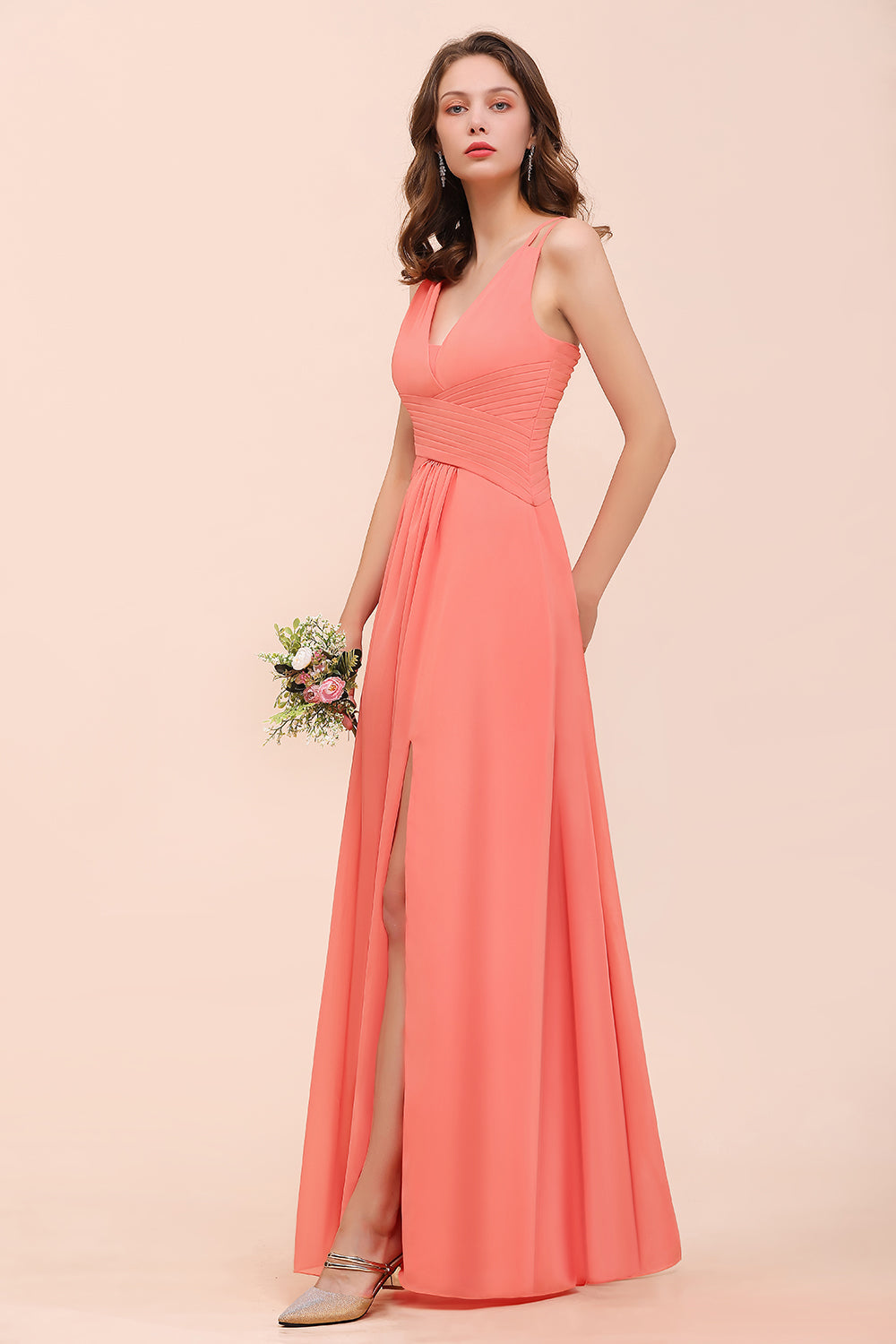 Glamorous V-Neck Ruffle Chiffon Long Bridesmaid Dresses With Slit - Fashionpara