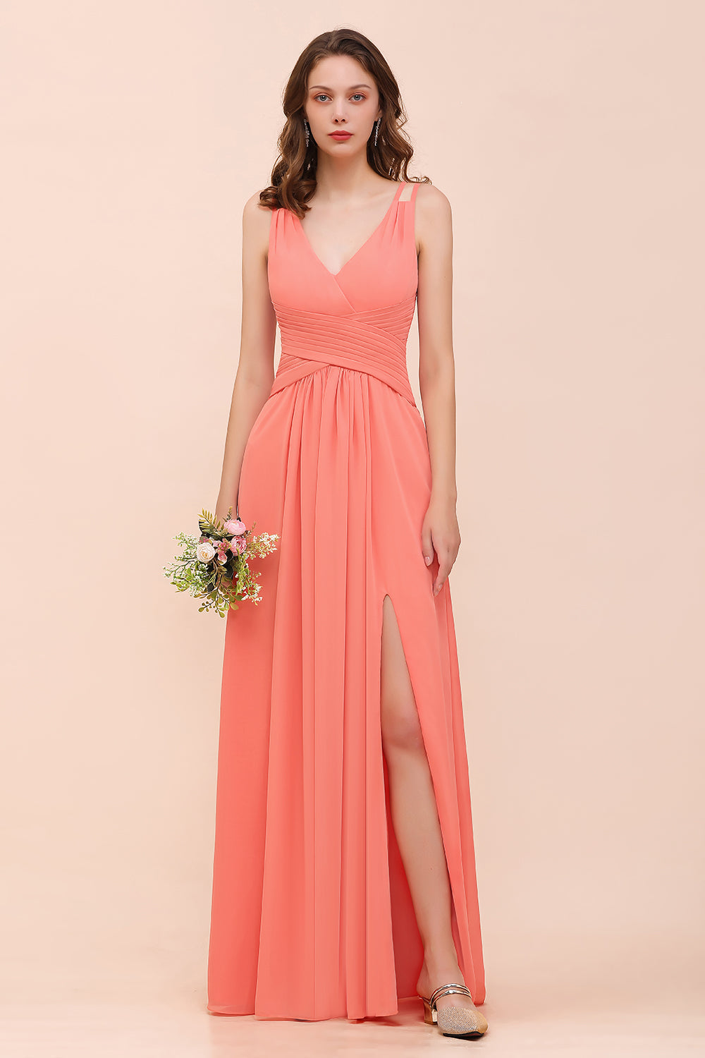 Glamorous V-Neck Ruffle Chiffon Long Bridesmaid Dresses With Slit - Fashionpara