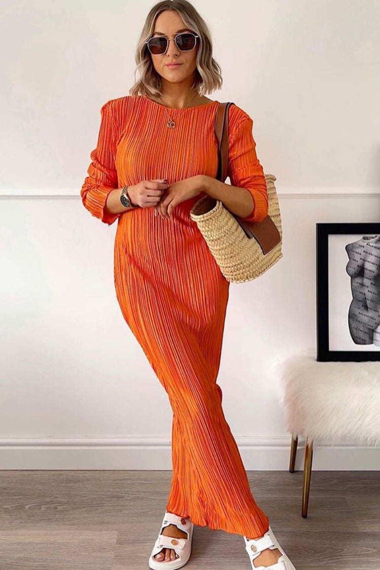 Plisse Round Neck Long Sleeve Shirred Column Maxi Dress