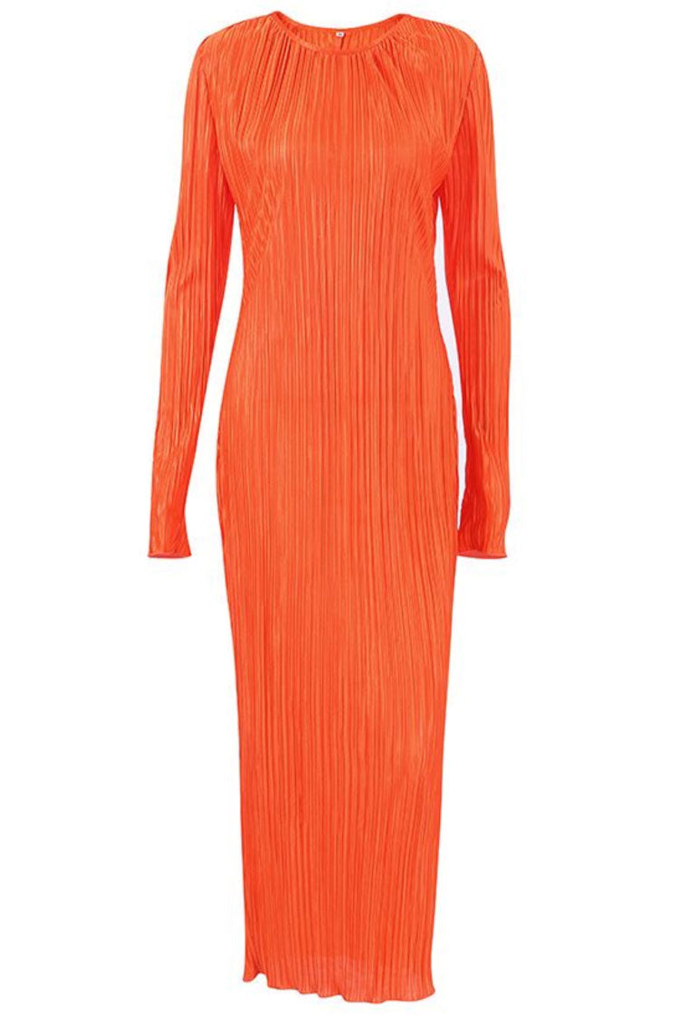 Plisse Round Neck Long Sleeve Shirred Column Maxi Dress 3