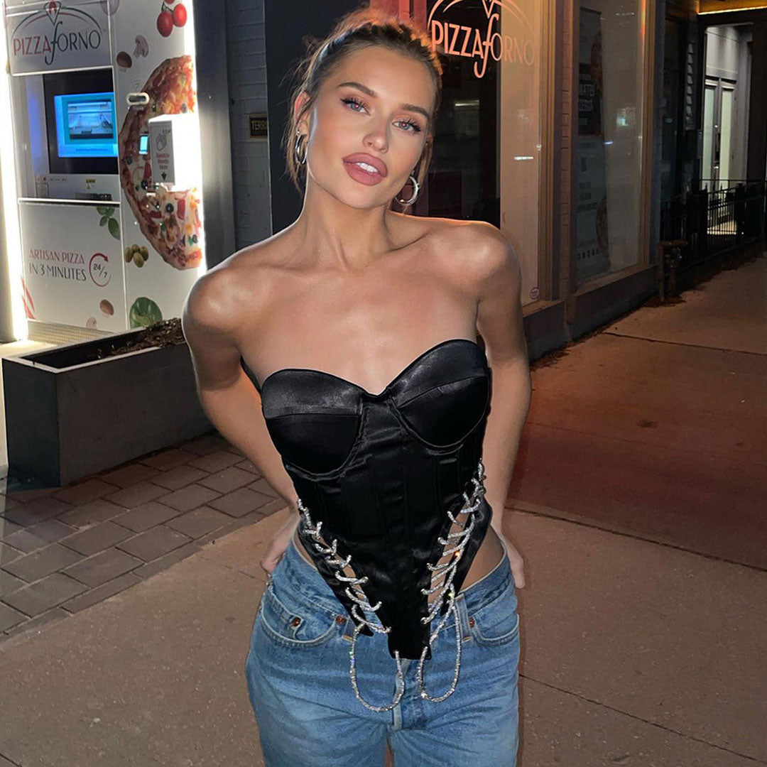 Glitter Lace Up Satin Sweetheart Sleeveless Tube Crop Corset Top - Black - Fashionpara