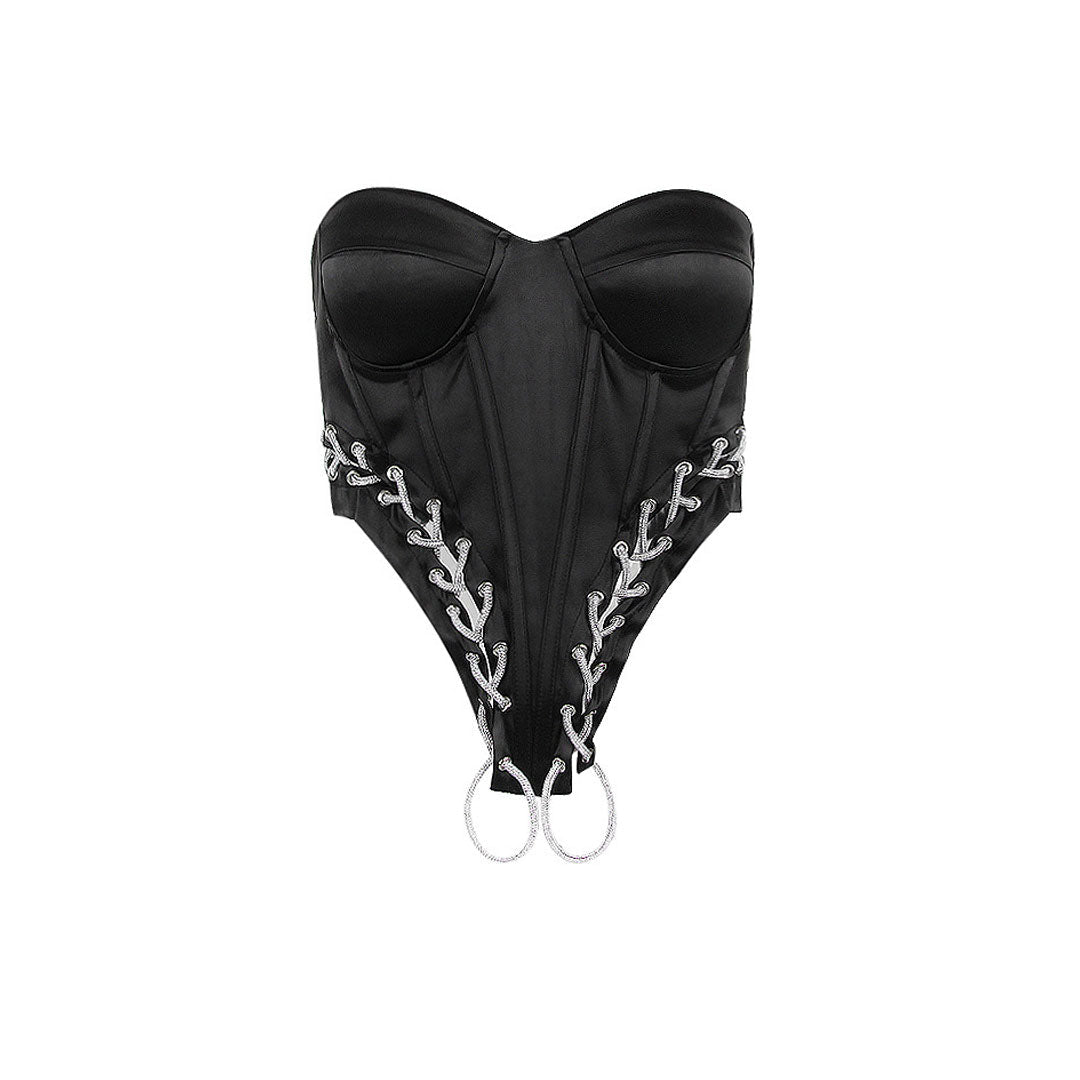 Glitter Lace Up Satin Sweetheart Sleeveless Tube Crop Corset Top - Black - Fashionpara