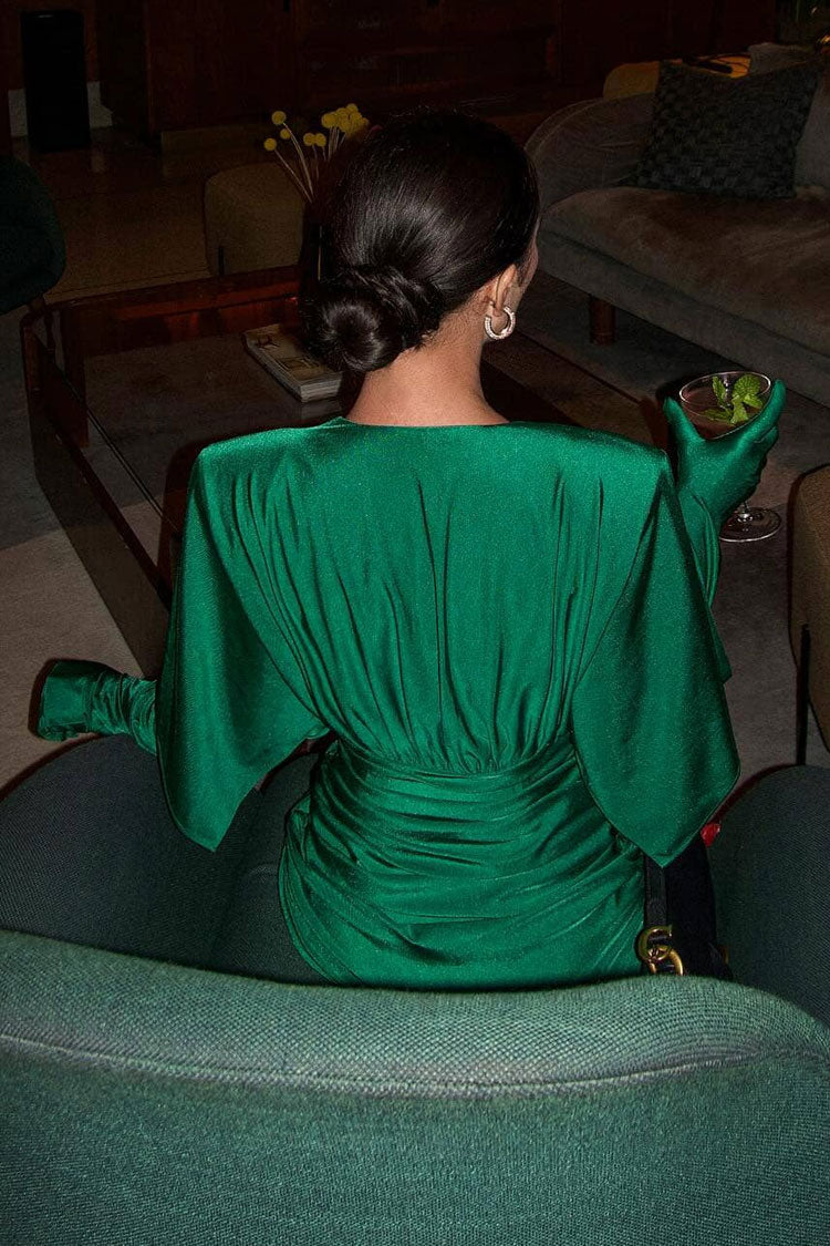 Glitter Plunge Neck Opera Glove Half Sleeve Ruched Party Mini Dress - Emerald Green  Fashionpara