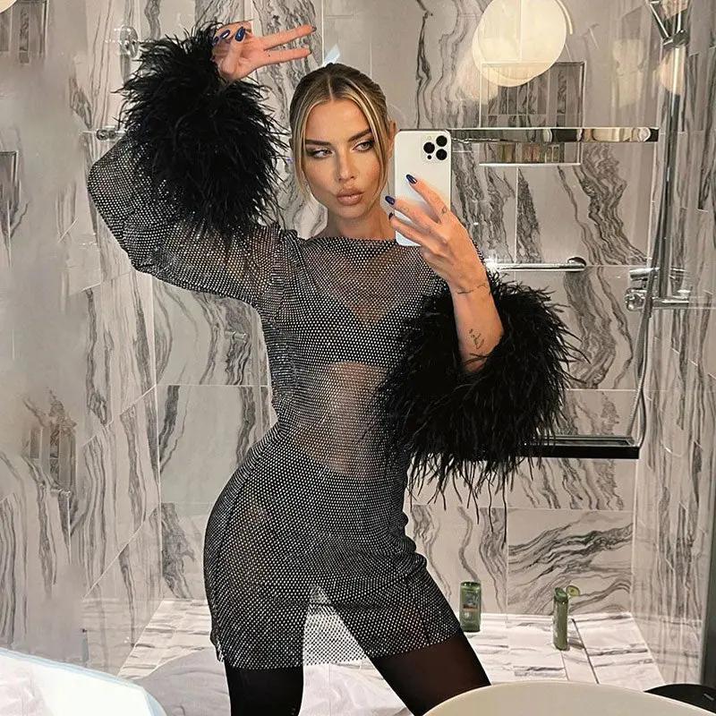 Glittering Lurex Crew Neck Faux Fur Long Sleeve Sheer Fishnet Party Mini Dress - Black - Fashionpara