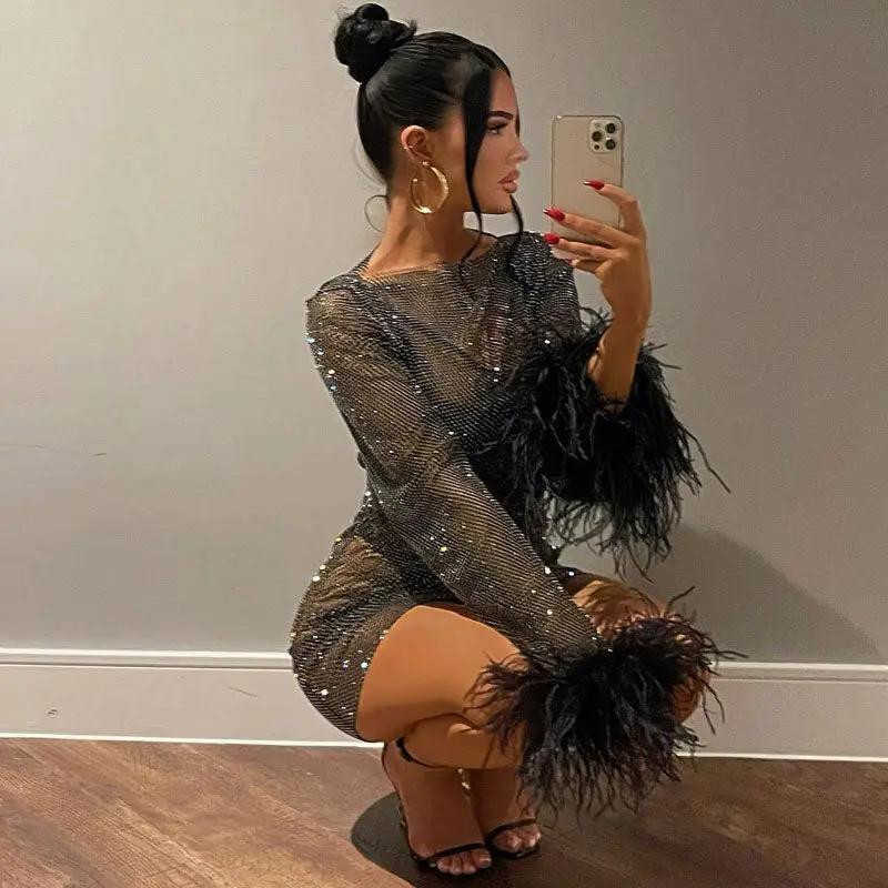 Glittering Lurex Crew Neck Faux Fur Long Sleeve Sheer Fishnet Party Mini Dress - Black  Fashionpara