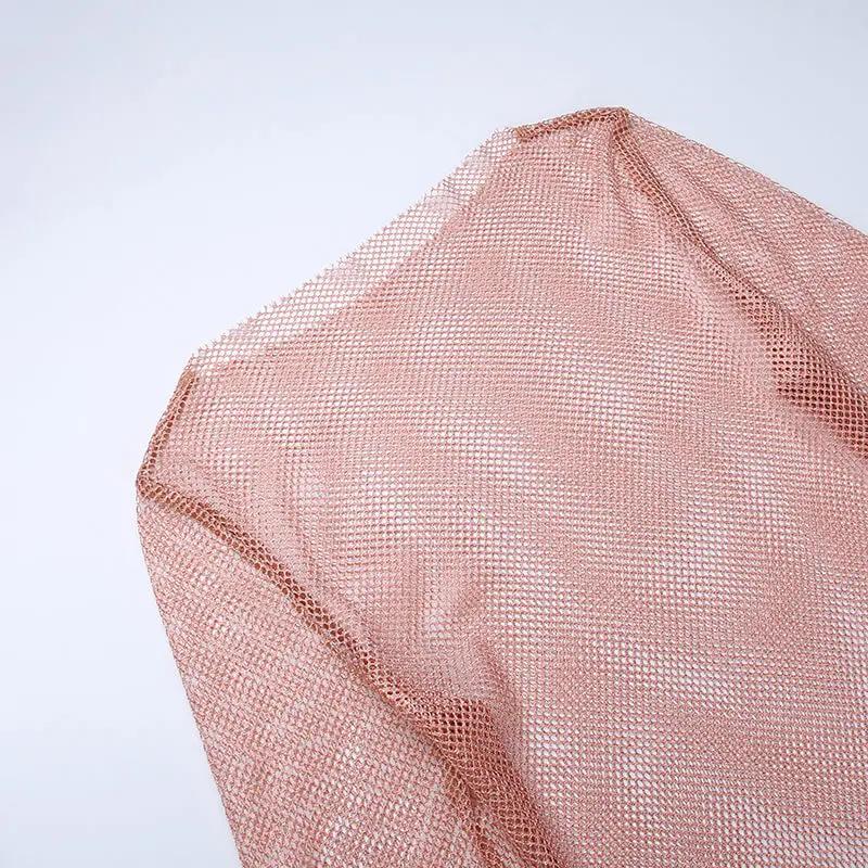 Glittering Lurex Crew Neck Faux Fur Long Sleeve Sheer Fishnet Party Mini Dress - Pink - Fashionpara