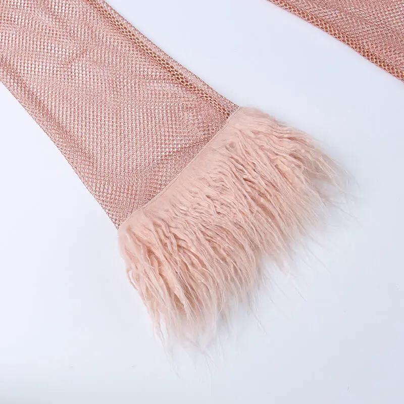 Glittering Lurex Crew Neck Faux Fur Long Sleeve Sheer Fishnet Party Mini Dress - Pink - Fashionpara