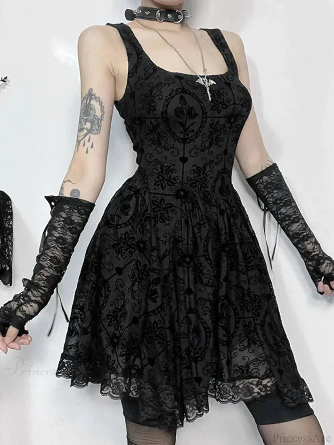 Square Neck Sleeveless Damask Floral Lace Trim Skater Mini Dress - View 4