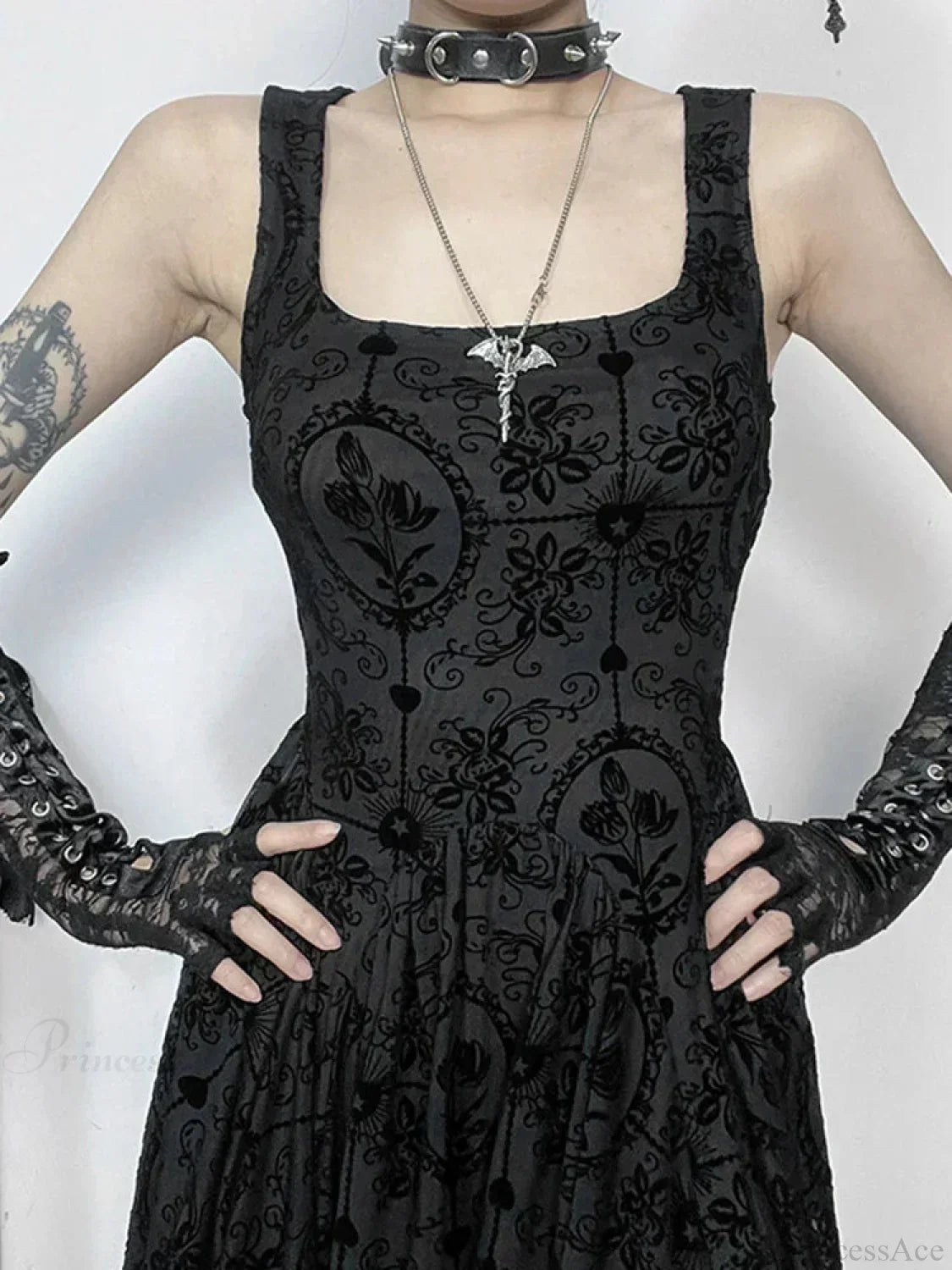Square Neck Sleeveless Damask Floral Lace Trim Skater Mini Dress - View 2