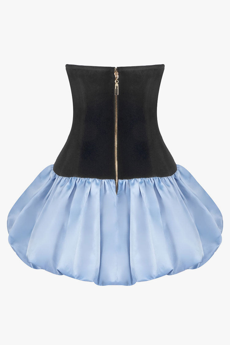 Glossy Bow Plunge Bandeau Velvet Satin Bubble Mini Party Dress - Fashionpara