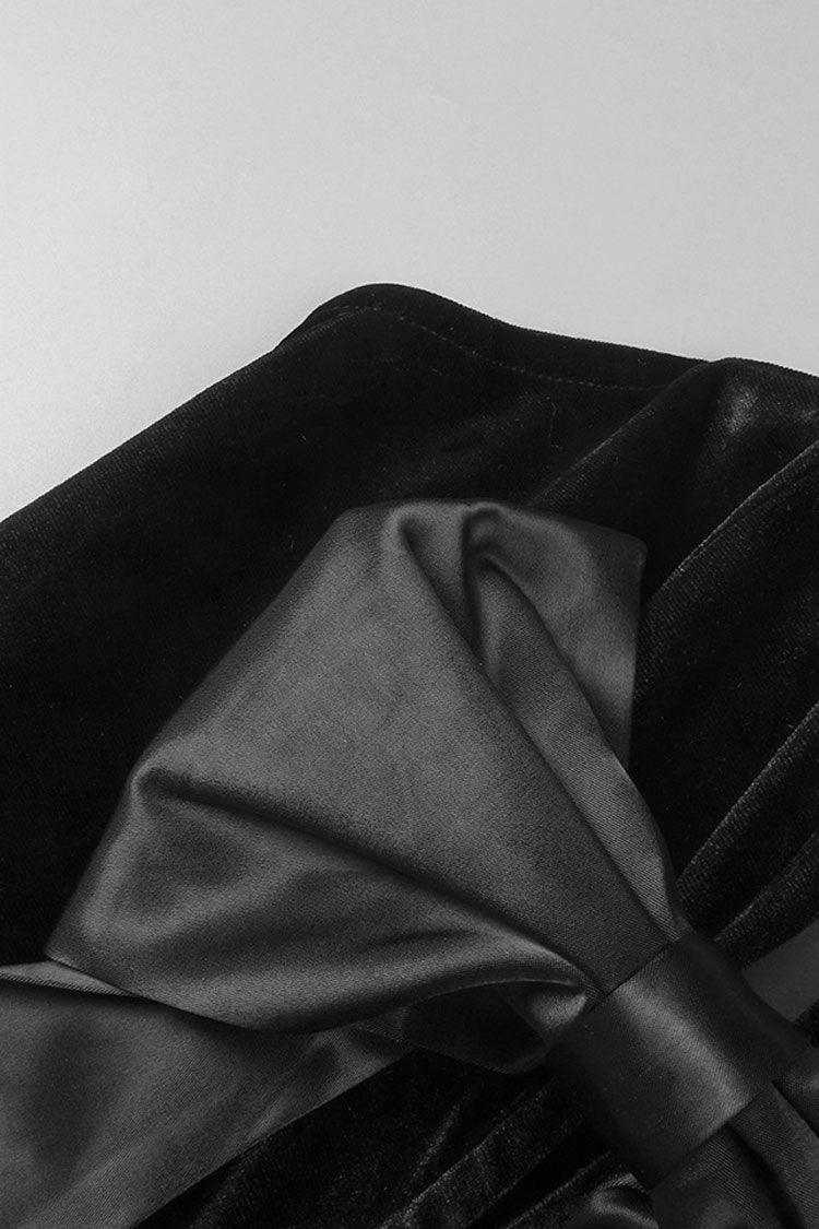 Glossy Bow Plunge Bandeau Velvet Satin Bubble Mini Party Dress - Fashionpara