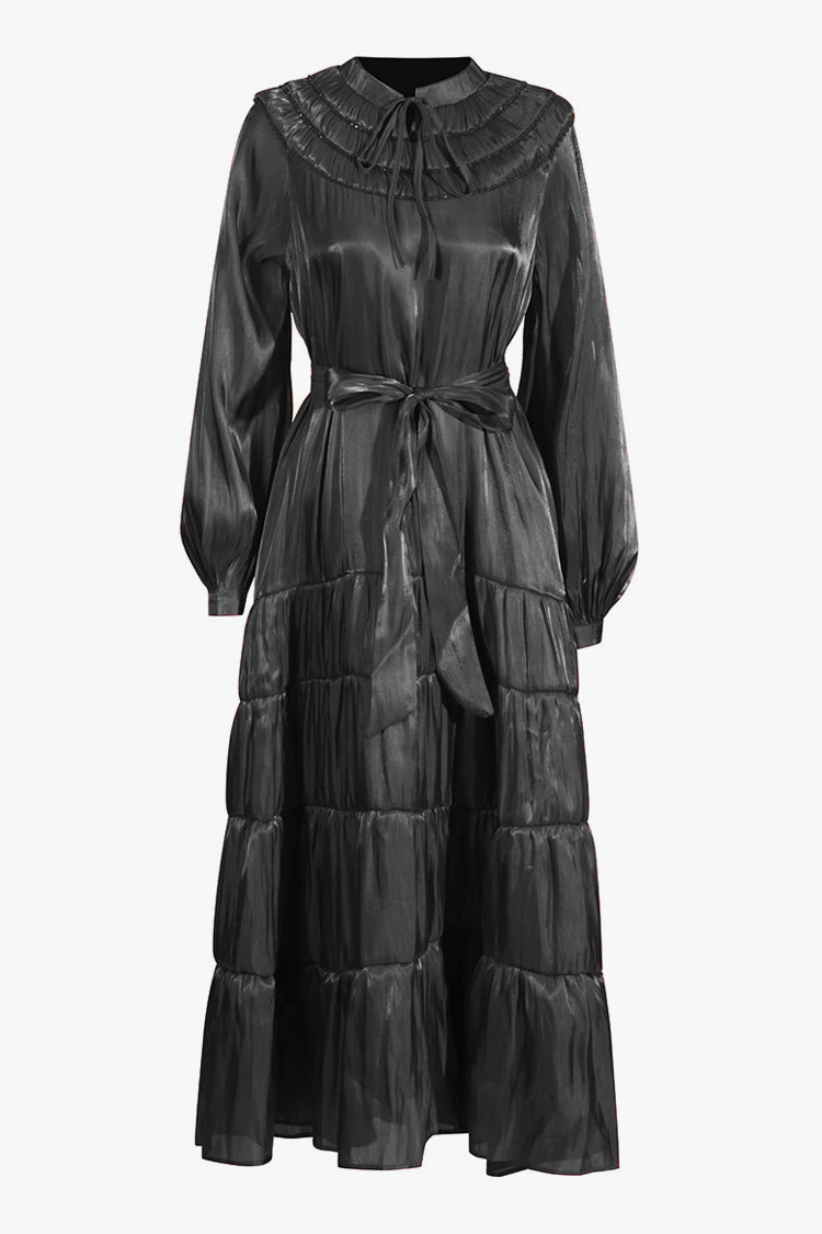 Glossy Bow Tie Ruched Balloon Sleeve Belted Shirred Cocktail Midi Dress - Fashionpara