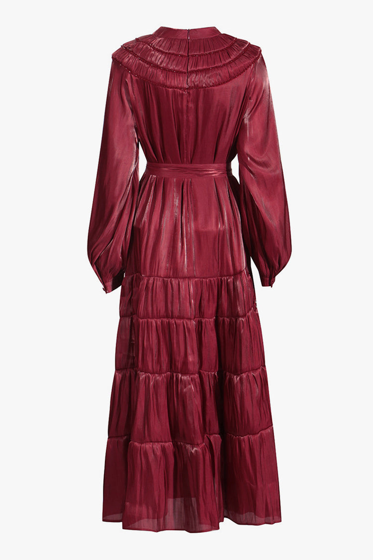 Glossy Bow Tie Ruched Balloon Sleeve Belted Shirred Cocktail Midi Dress - Fashionpara