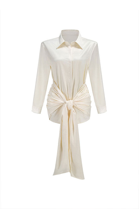 Glossy Collared Button Up Tie Front Ruched Draped Satin Mini Shirt Dress