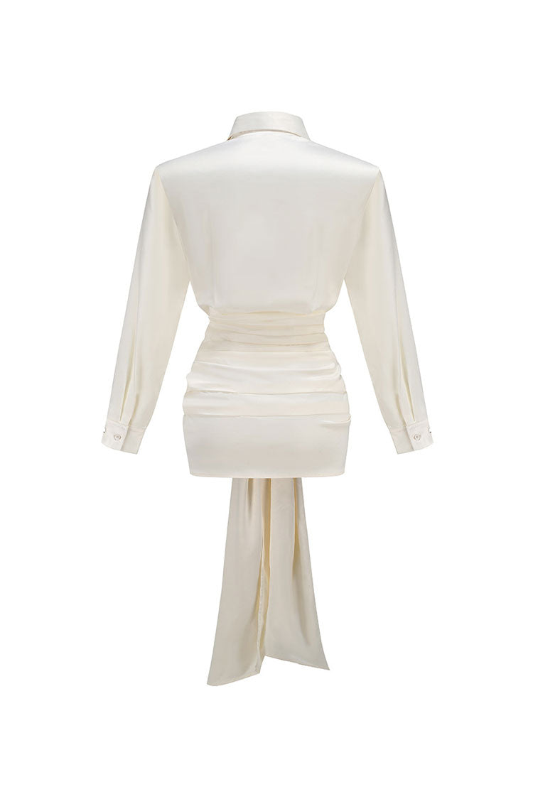 Glossy Collared Button Up Tie Front Ruched Draped Satin Mini Shirt Dress