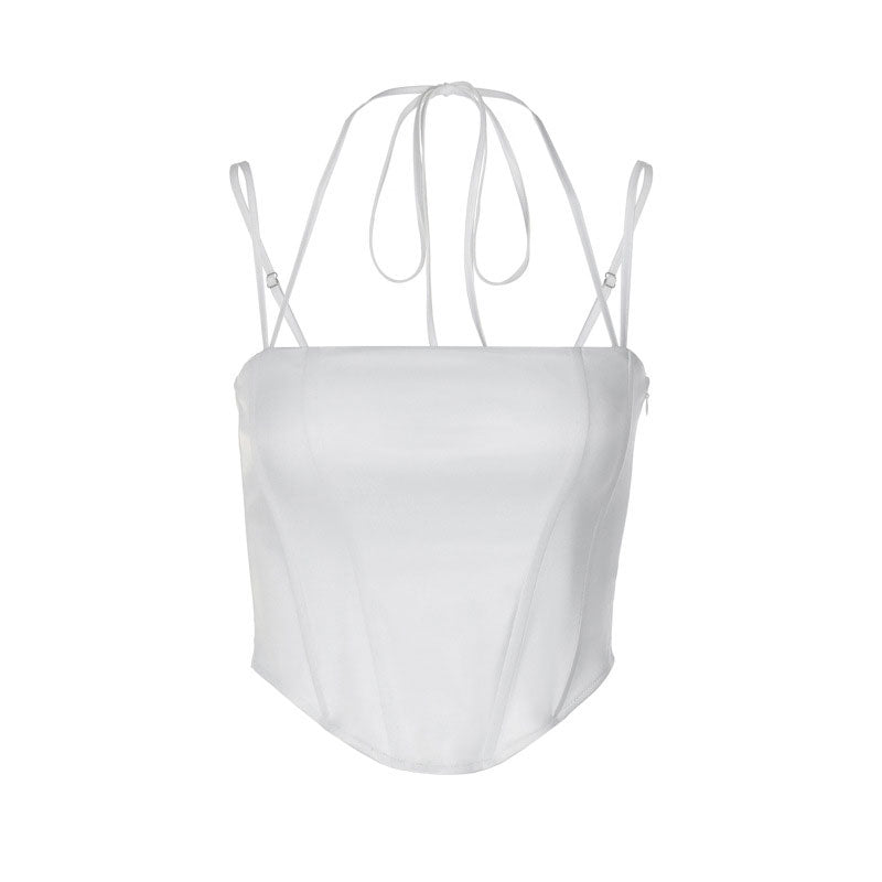 Glossy Curved Hem Spaghetti Strap Corset Halter Crop Top - White - Fashionpara