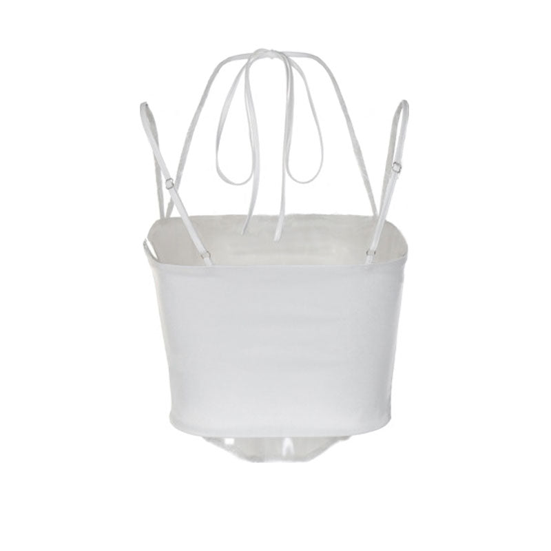 Glossy Curved Hem Spaghetti Strap Corset Halter Crop Top - White - Fashionpara