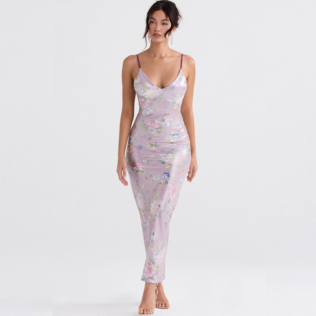 Floral Print V-Neck Spaghetti Strap Bodycon Maxi Dress