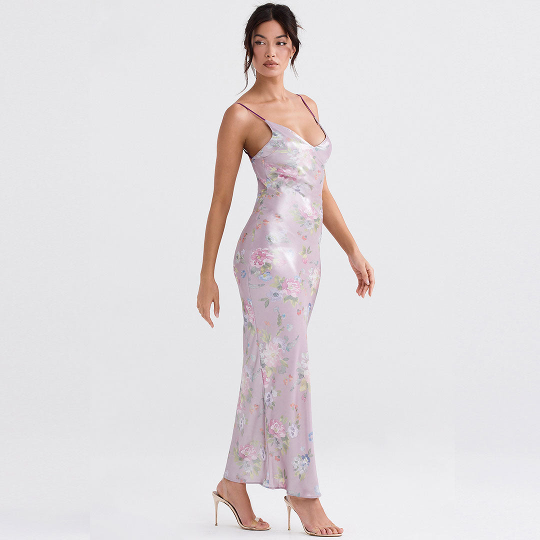 Floral Print V-Neck Spaghetti Strap Bodycon Maxi Dress 2