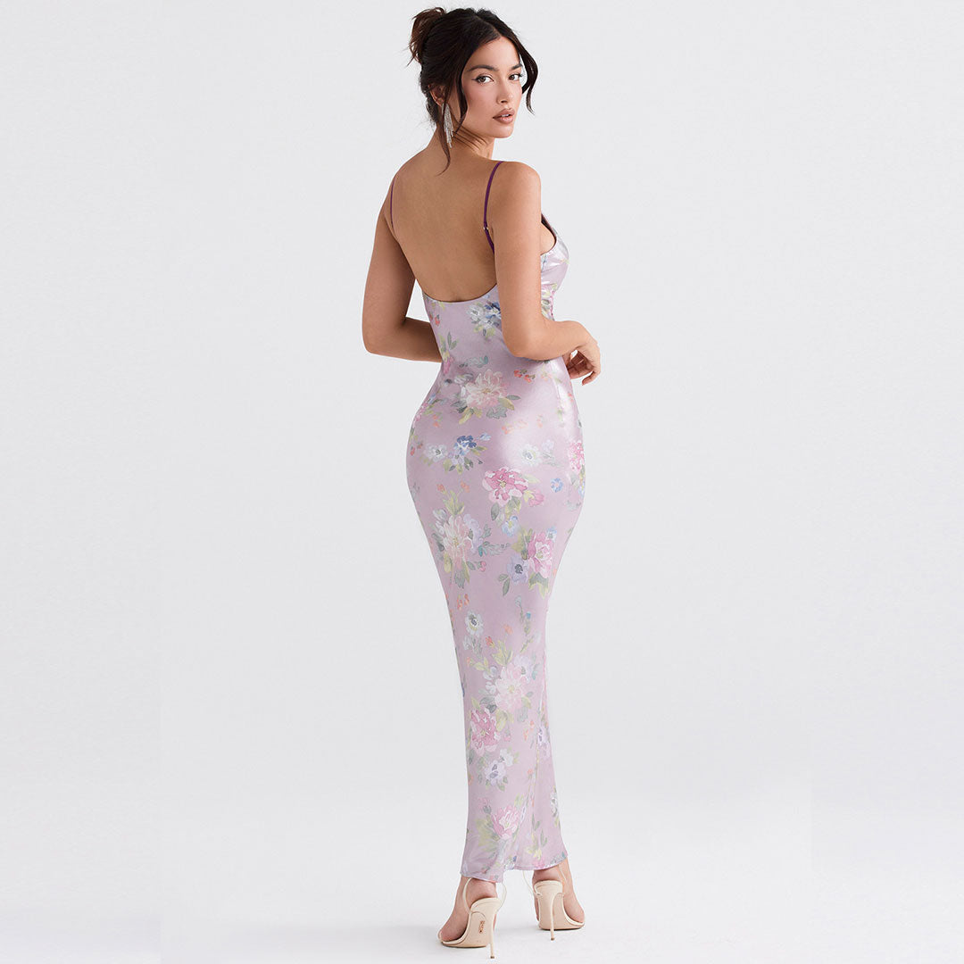Floral Print V-Neck Spaghetti Strap Bodycon Maxi Dress 3