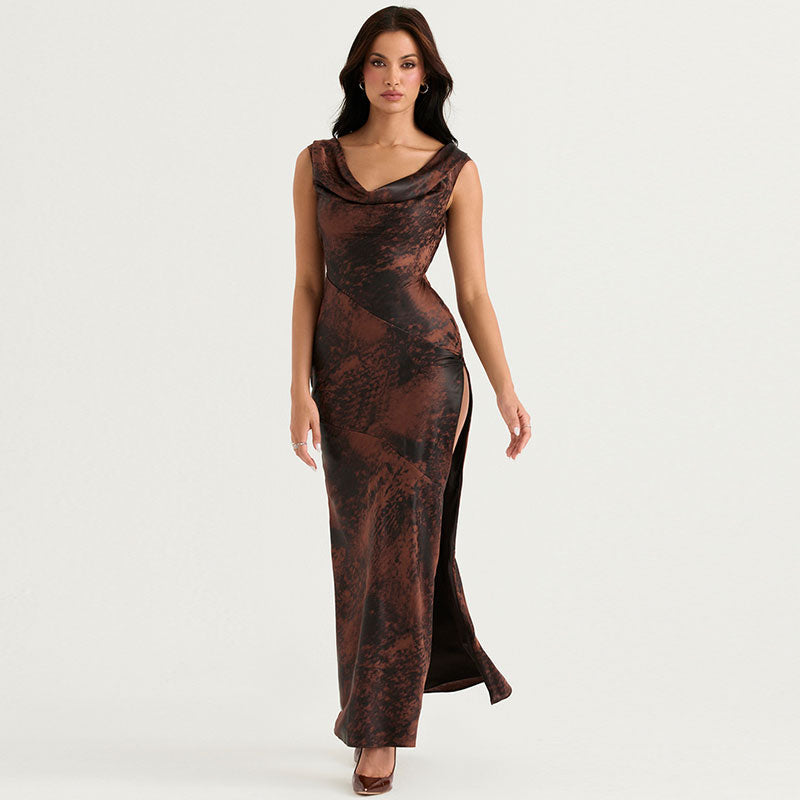 Satin Abstract Print Cowl Neck Sleeveless High Split Maxi Dress 2