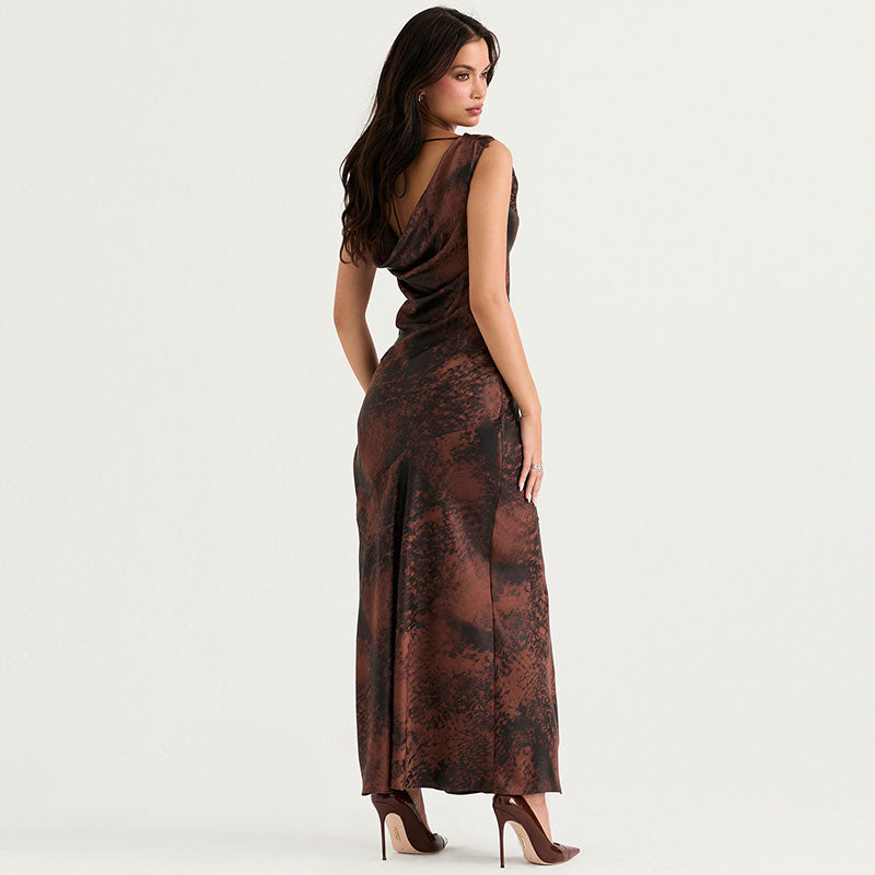 Satin Abstract Print Cowl Neck Sleeveless High Split Maxi Dress 3