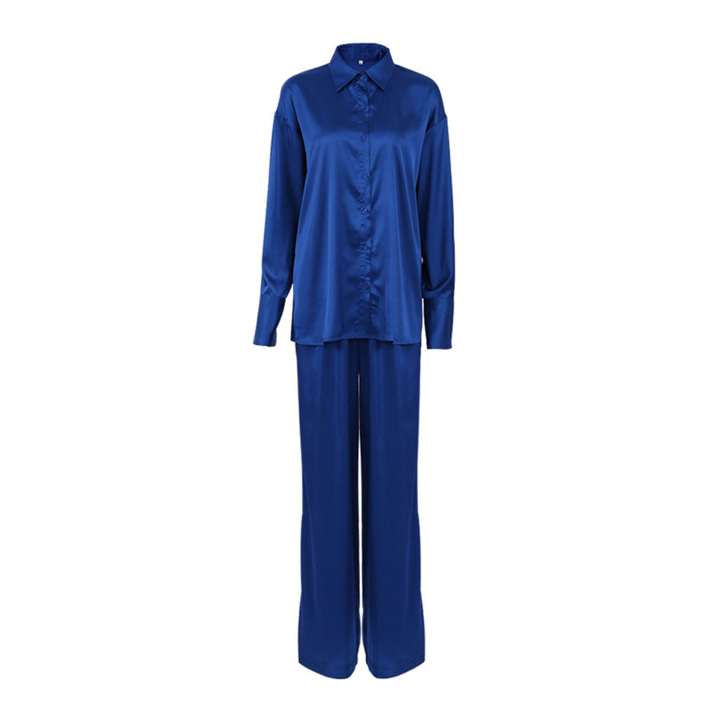 Glossy Satin Blouse Wide Leg Pant Matching Set - Royal Blue - Fashionpara