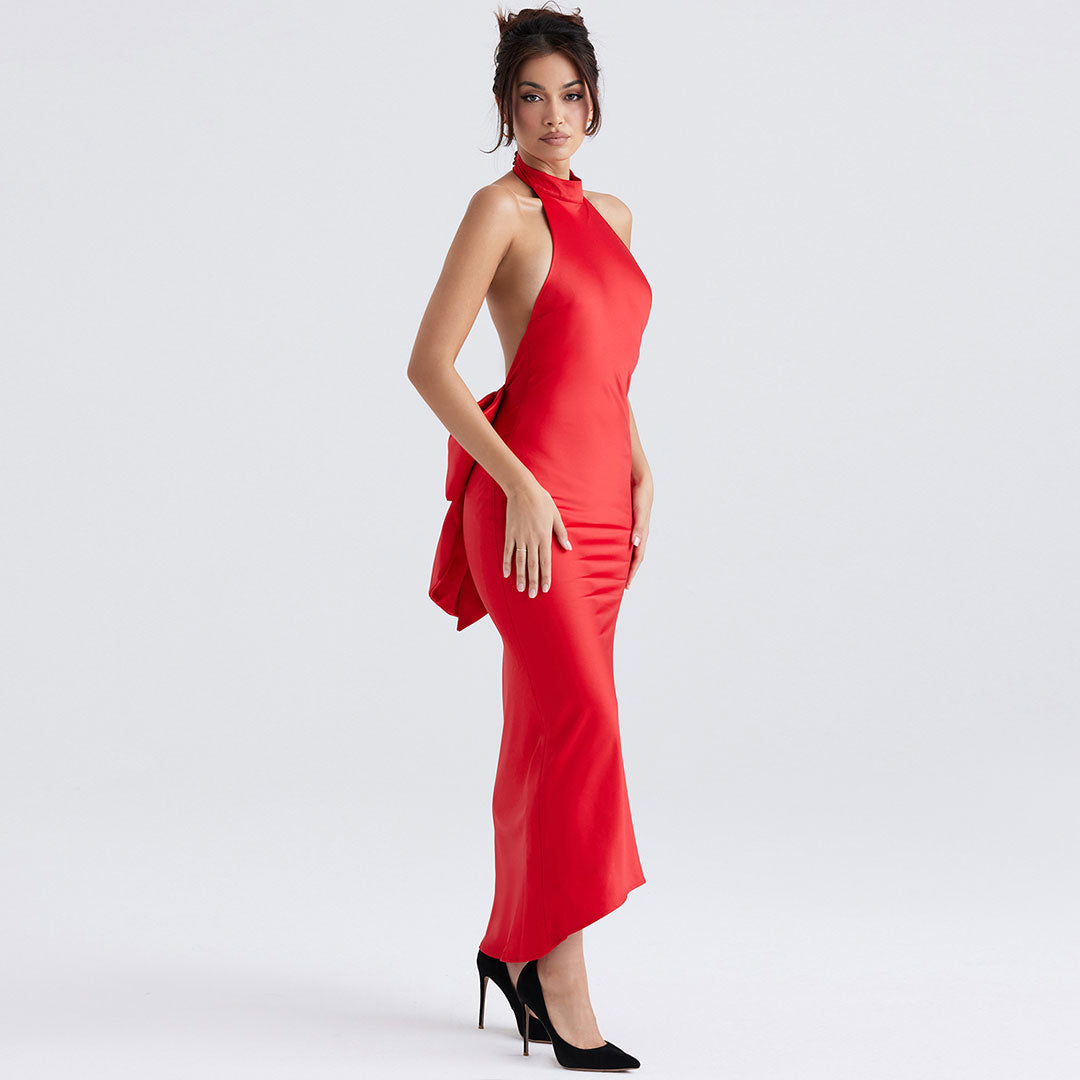 Satin High Neck Backless Bow Fishtail Evening Gown 2