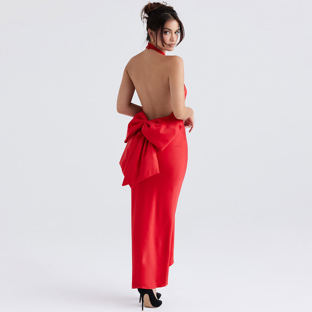 Satin High Neck Backless Bow Fishtail Evening Gown 3