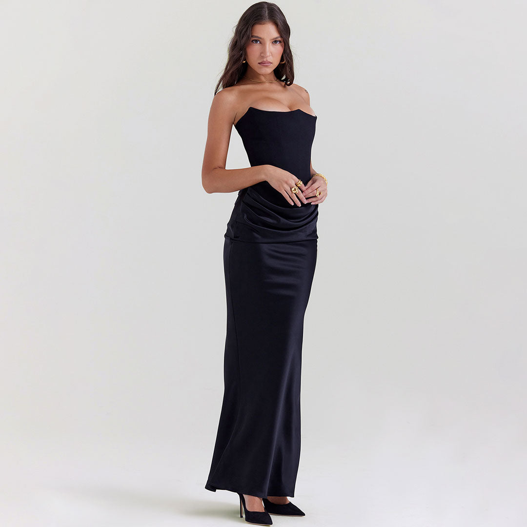 Glossy Satin Bustier Strapless Corset Maxi Fishtail Formal Dress - Black - Fashionpara
