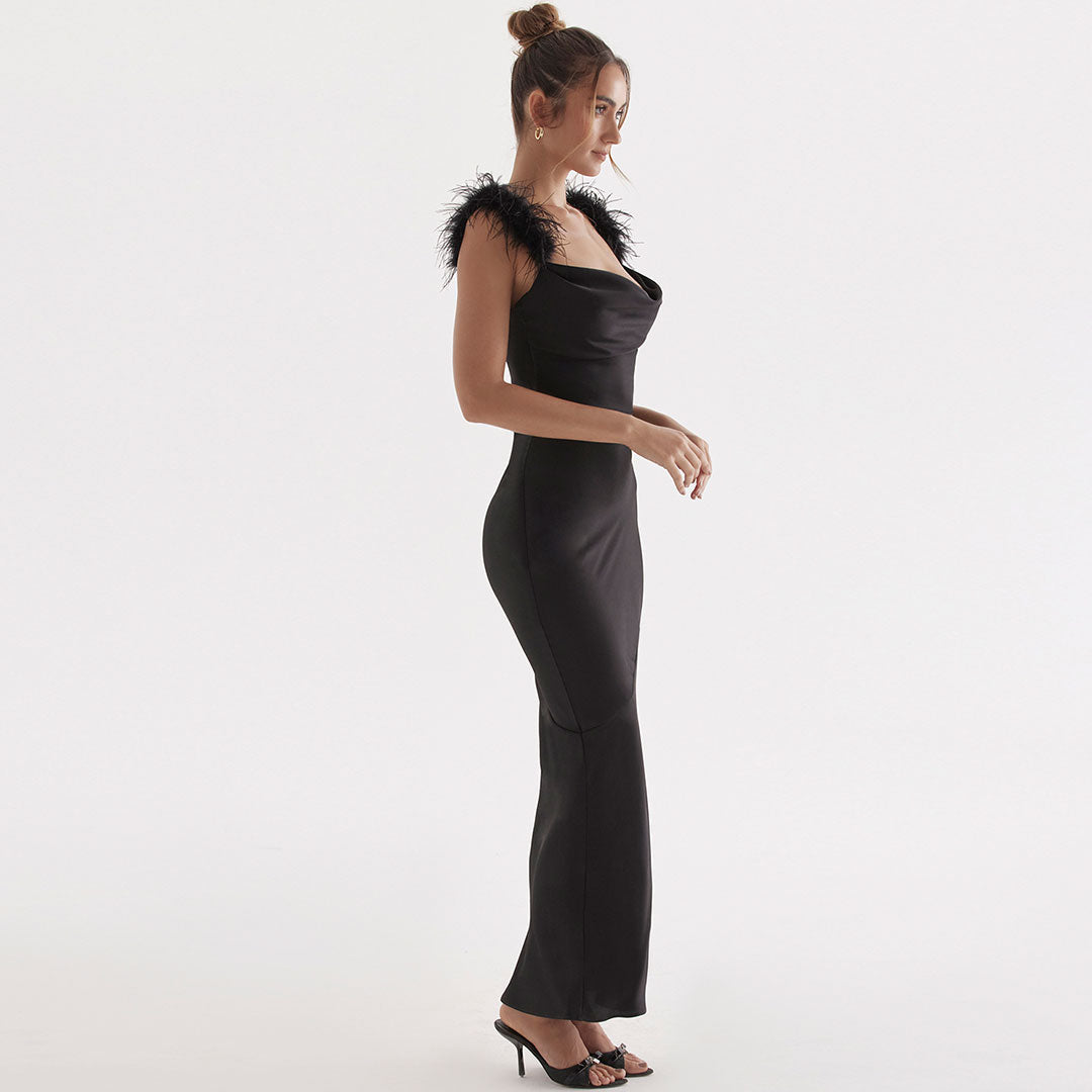 Faux Feather Trim Cowl Neck Sleeveless Gown Maxi Dress - Black - View 2