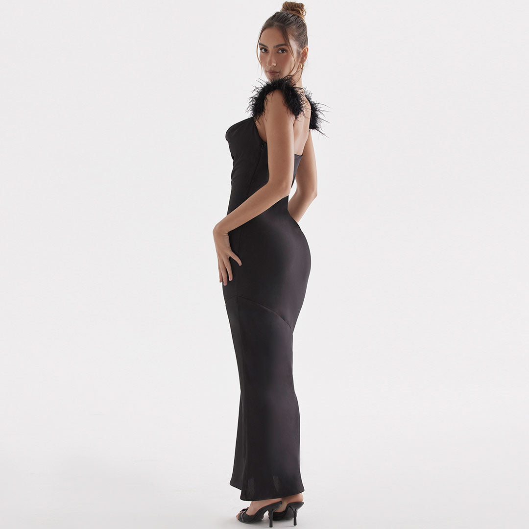 Faux Feather Trim Cowl Neck Sleeveless Gown Maxi Dress - Black - View 3