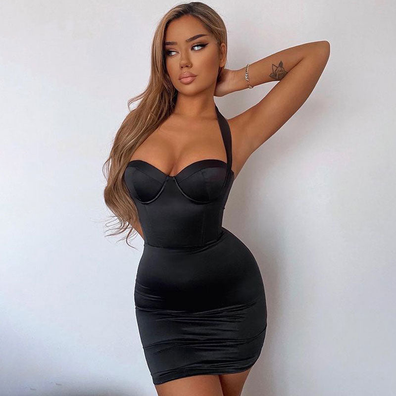 Satin Corset Halter Neck Bodycon Mini Dress