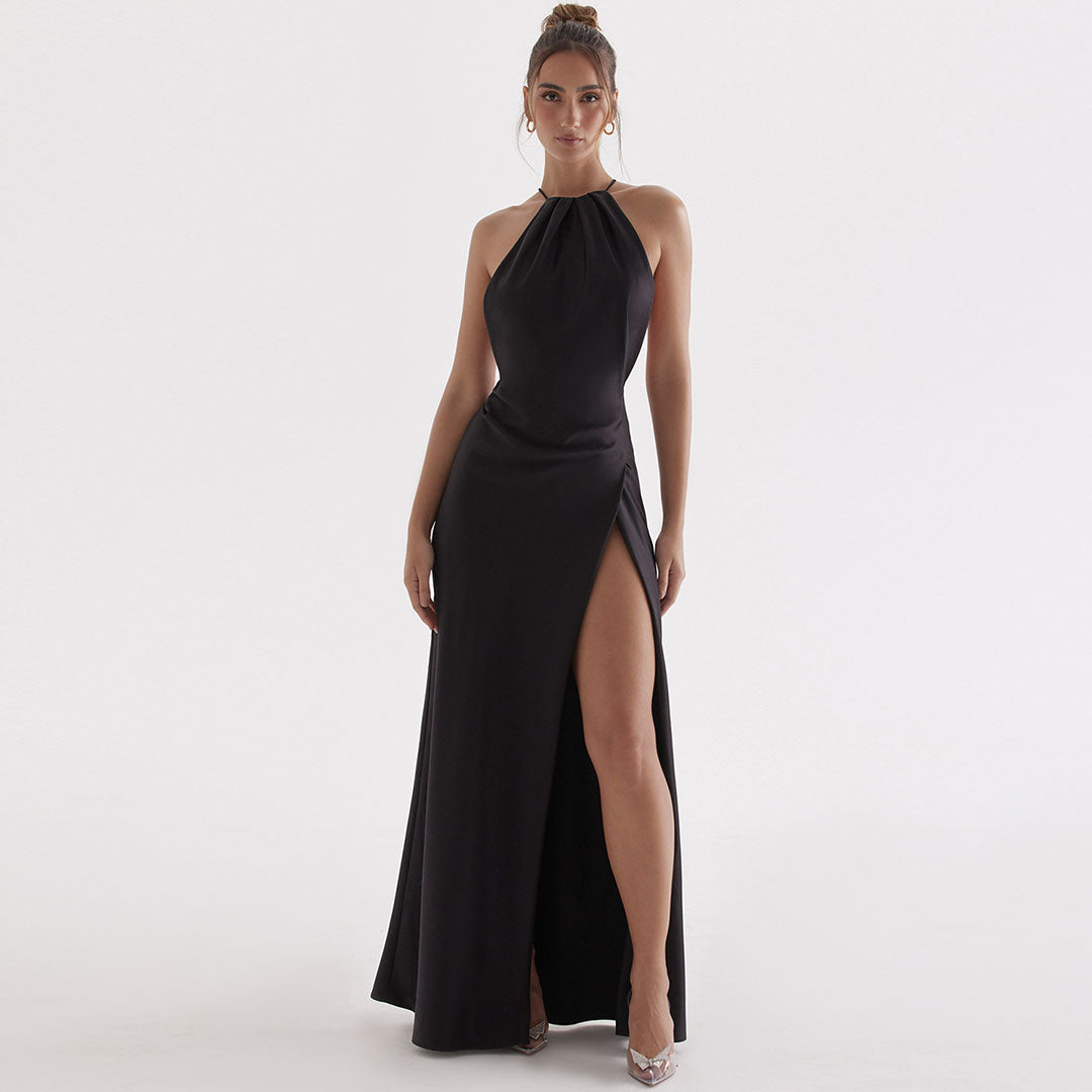 High Split Sleeveless Backless Evening Maxi Dress - Black
