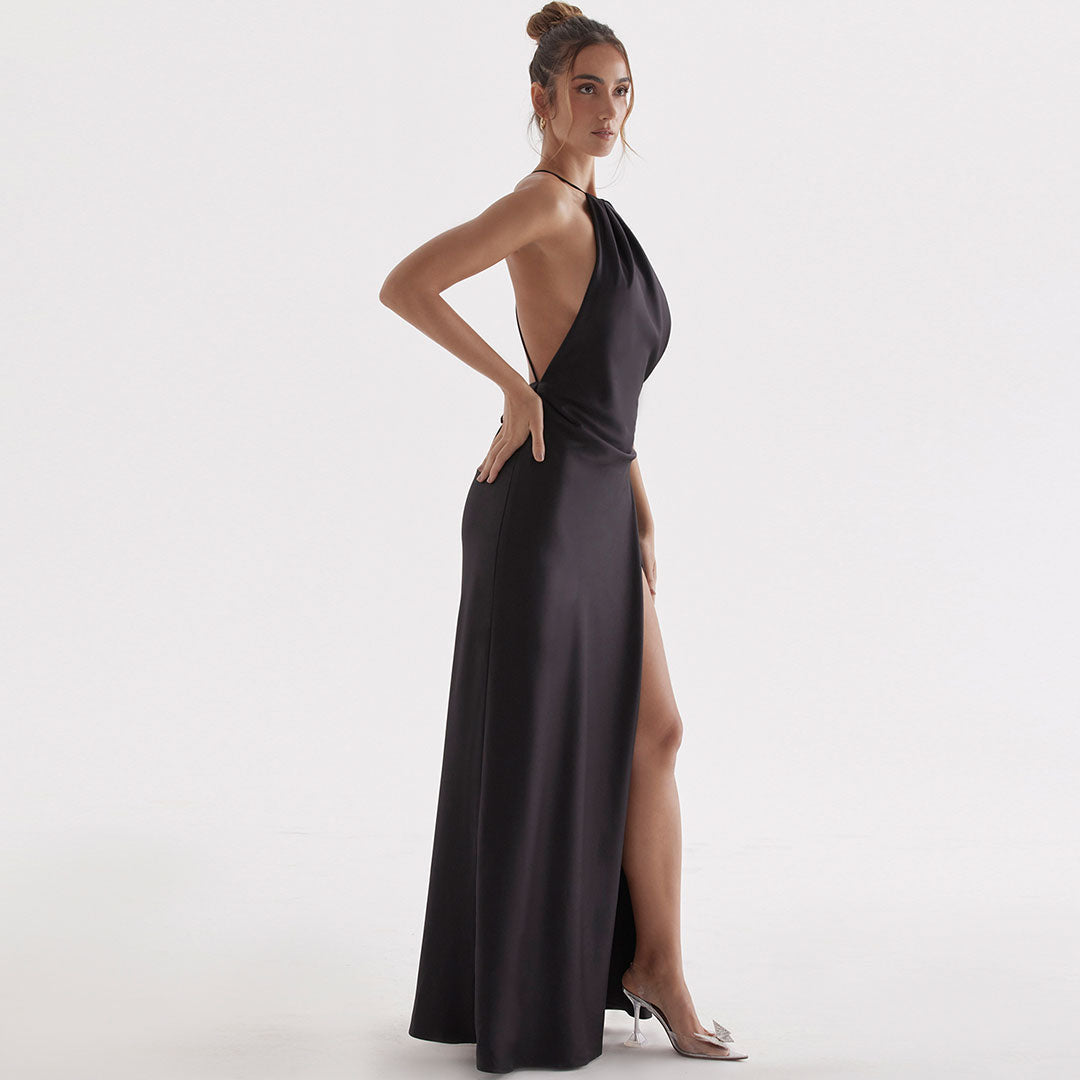 High Split Sleeveless Backless Evening Maxi Dress - Black - View 2