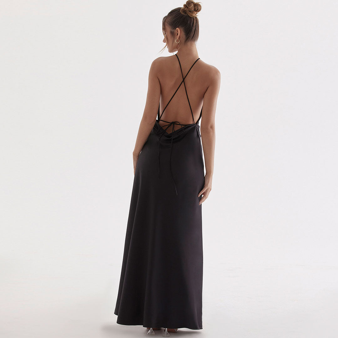Satin Halter Neck Backless High Slit Maxi Dress 3