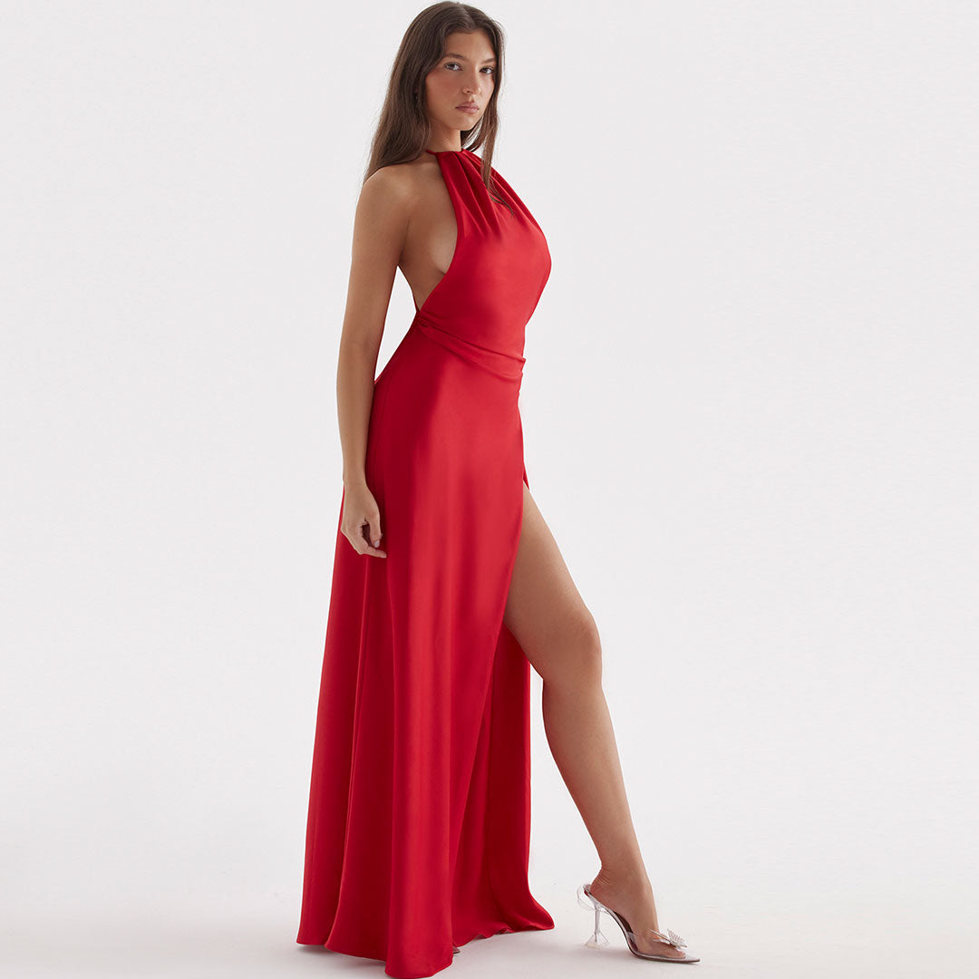 Satin Halter Neck Backless High Slit Maxi Dress 2