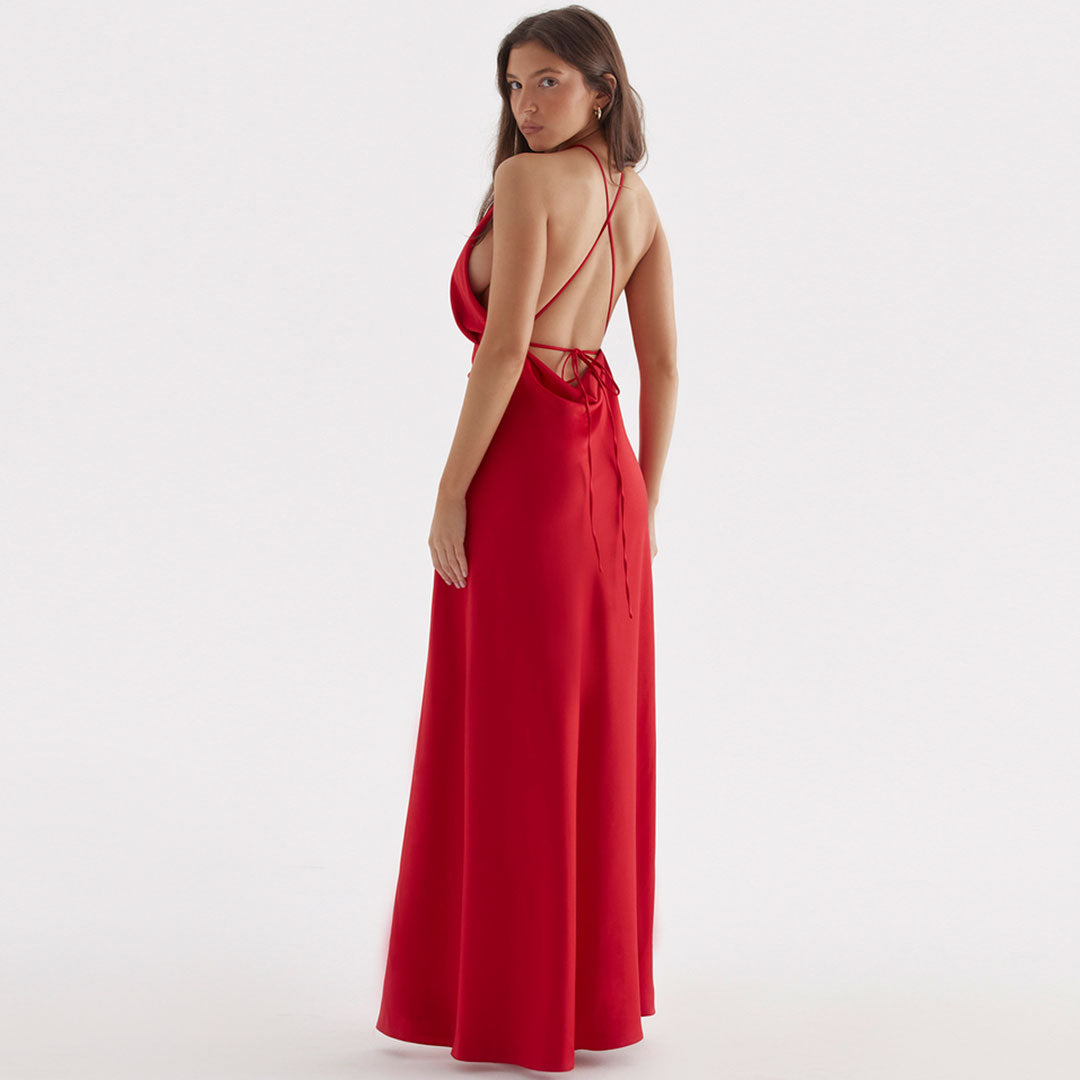 High Split Sleeveless Backless Evening Maxi Dress - Red - View 3