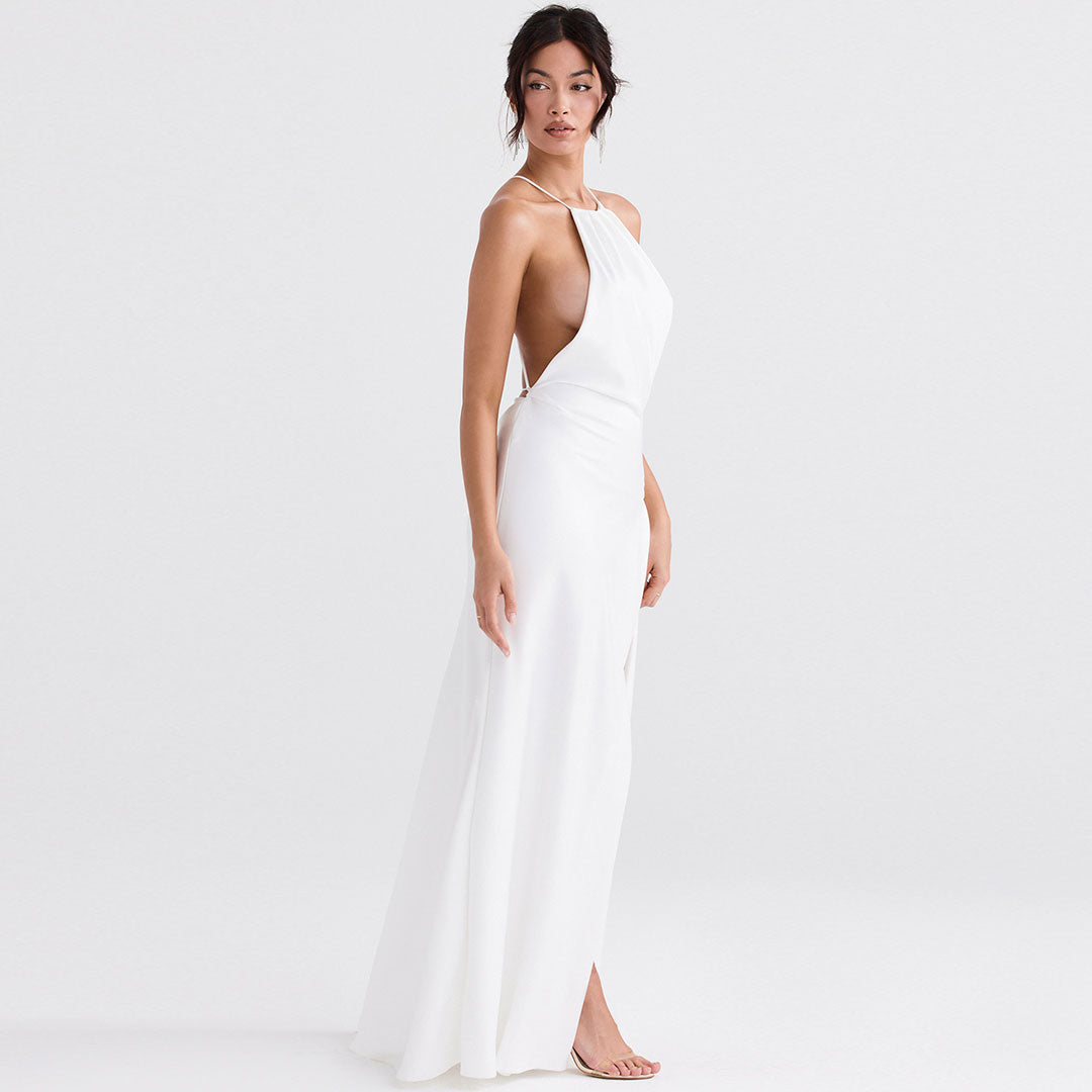 High Split Sleeveless Backless Evening Maxi Dress - White